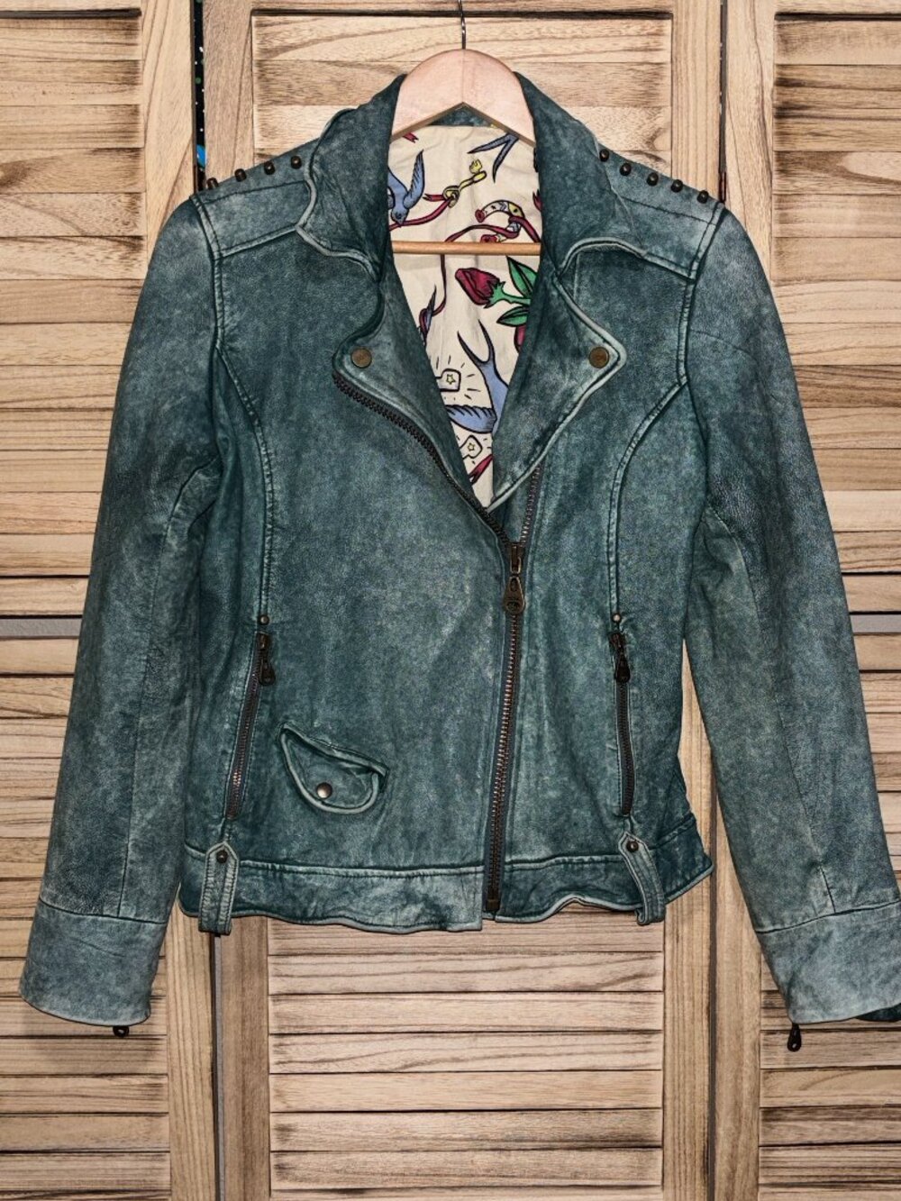 DOMA 100% Leather Asymmetric Moto Jacket Teal Green Tattoo Print Lining L